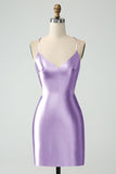 Purple Bodycon Spaghetti Straps Lace Up Satin Prom Dress