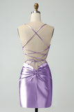 Purple Bodycon Spaghetti Straps Lace Up Satin Prom Dress