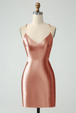 Gold Bodycon Spaghetti Straps Satin Prom Dress with Criss Cross Back