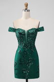 Dark Green Off the Shoulder Applique Sequins Short Prom Dress