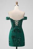 Dark Green Off the Shoulder Applique Sequins Short Prom Dress