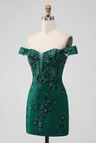 Dark Green Off the Shoulder Applique Sequins Short Prom Dress