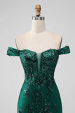 Dark Green Off the Shoulder Applique Sequins Short Prom Dress