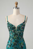 Dark Green Spaghetti Straps Sequins Bodycon Prom Dress with Beading