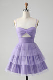 Purple Hollow Out Tulle Tiered Mini A Line Prom Dress