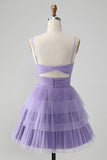 Purple Hollow Out Tulle Tiered Mini A Line Prom Dress