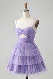 Purple Hollow Out Tulle Tiered Mini A Line Prom Dress