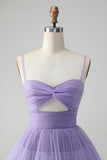 Purple Hollow Out Tulle Tiered Mini A Line Prom Dress