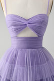 Purple Hollow Out Tulle Tiered Mini A Line Prom Dress