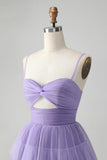 Purple Hollow Out Tulle Tiered Mini A Line Prom Dress