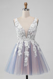 Elegant Grey Pink A Line V Neck Flowers Short Prom Dress with Pearl