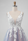 Elegant Grey Pink A Line V Neck Flowers Short Prom Dress with Pearl