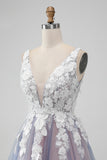 Elegant Grey Pink A Line V Neck Flowers Short Prom Dress with Pearl