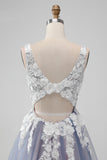 Elegant Grey Pink A Line V Neck Flowers Short Prom Dress with Pearl