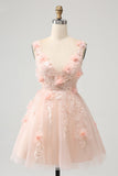 Sparkly Blush A Line V Neck Sequin Short Prom Dress with 3D Flowers