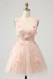 V Neck Blush Applique Tulle A Line Prom Dress