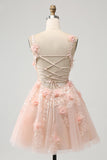 Sparkly Blush A Line V Neck Sequin Short Prom Dress with 3D Flowers