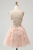 V Neck Blush Applique Tulle A Line Prom Dress