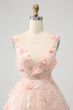 V Neck Blush Applique Tulle A Line Prom Dress