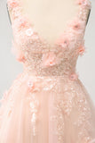 V Neck Blush Applique Tulle A Line Prom Dress