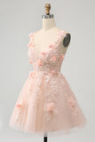 Sparkly Blush A Line V Neck Sequin Short Prom Dress with 3D Flowers