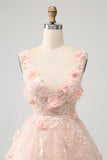 Sparkly Blush A Line V Neck Sequin Short Prom Dress with 3D Flowers