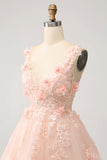 Sparkly Blush A Line V Neck Sequin Short Prom Dress with 3D Flowers