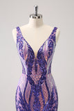 Sparkly Dark Purple Sequined Tight V Neck Prom Dress