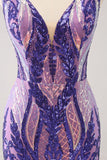 Sparkly Dark Purple Sequined Tight V Neck Prom Dress