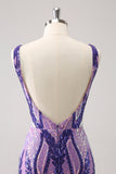 Sparkly Dark Purple Sequined Tight V Neck Prom Dress