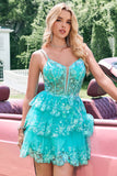 Sparkly Green A Line Spaghetti Straps Corset Tiered Sequin Prom Dress