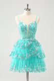 Cute Sparkly A-Line Green Spaghetti Straps Tiered Prom Dress with Sequins