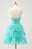 Cute Sparkly A-Line Green Spaghetti Straps Tiered Prom Dress with Sequins