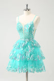 Cute Sparkly A-Line Green Spaghetti Straps Tiered Prom Dress with Sequins