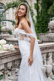 Sparkly White Off the Shoulder Corset Mermaid Tulle Wedding Dress with Sequins