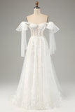 Princess Embroidery Lace Up Wedding Dress with Convertible Sleeves