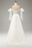 Princess Embroidery Lace Up Wedding Dress with Convertible Sleeves