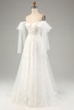 Princess Embroidery Lace Up Wedding Dress with Convertible Sleeves