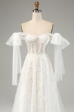 Princess Embroidery Lace Up Wedding Dress with Convertible Sleeves