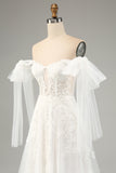 Princess Embroidery Lace Up Wedding Dress with Convertible Sleeves