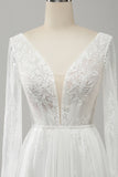 A Line Long Sleeves Beach Boho Wedding Dress with Lace Appliqued