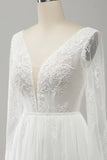 A Line Long Sleeves Beach Boho Wedding Dress with Lace Appliqued