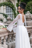 White A Line V Neck Long Sleeves Beach Boho Wedding Dress with Appliqued Lace