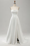 White Strapless Sweep Train Satin Wedding Dress With Slit