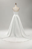 White Strapless Sweep Train Satin Wedding Dress With Slit