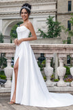 Elegant White A Line Strapless Pleated Sweep Train Corset Wedding Dress With Slit