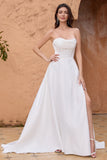 White Strapless Sweep Train Satin Wedding Dress With Slit