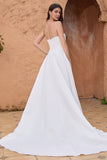 White Strapless Sweep Train Satin Wedding Dress With Slit