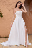 White Strapless Sweep Train Satin Wedding Dress With Slit