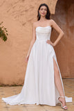 White Strapless Sweep Train Satin Wedding Dress With Slit